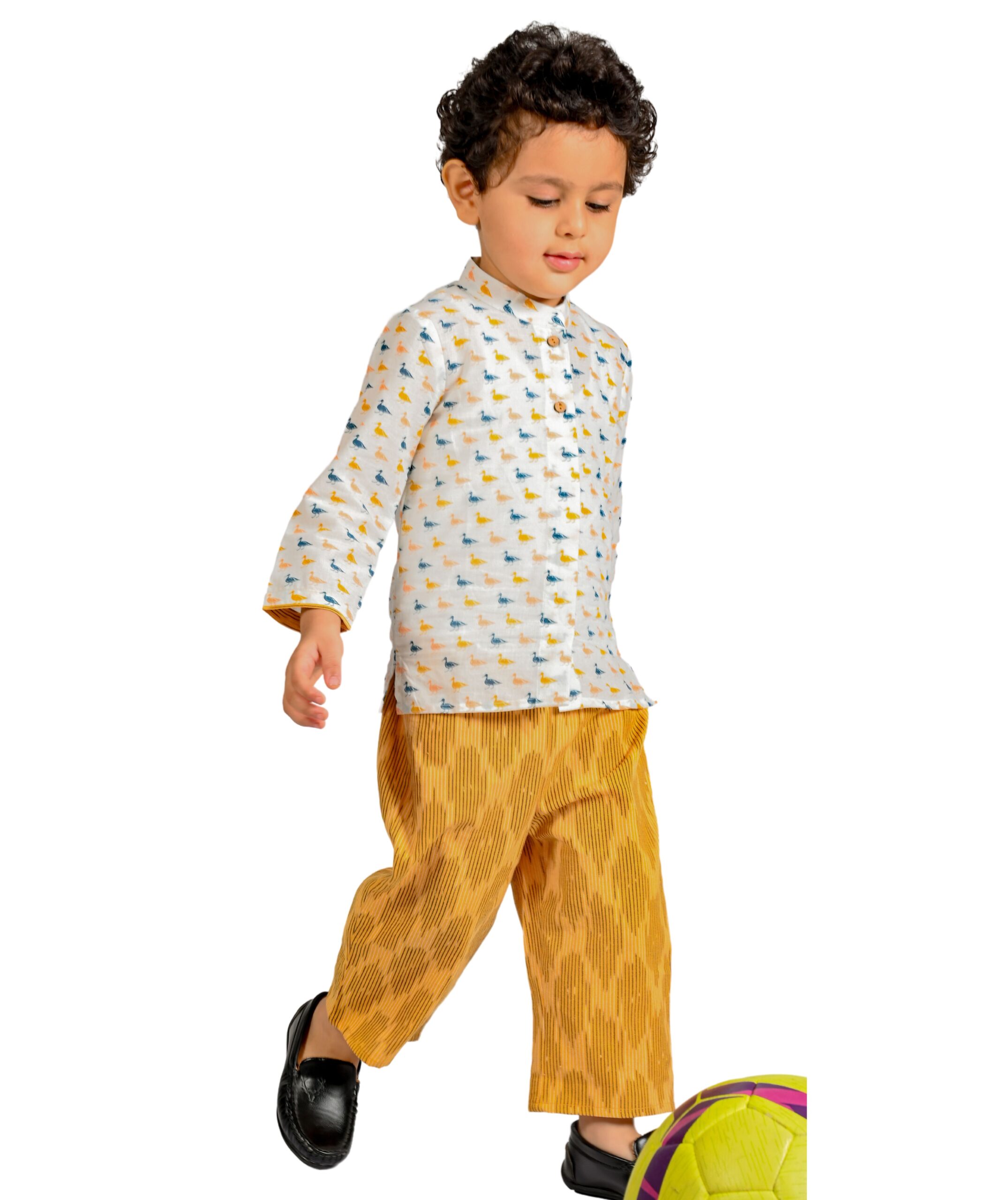 Baby Boys Cotton Shirt With Pant - White & yellow Clothing Set