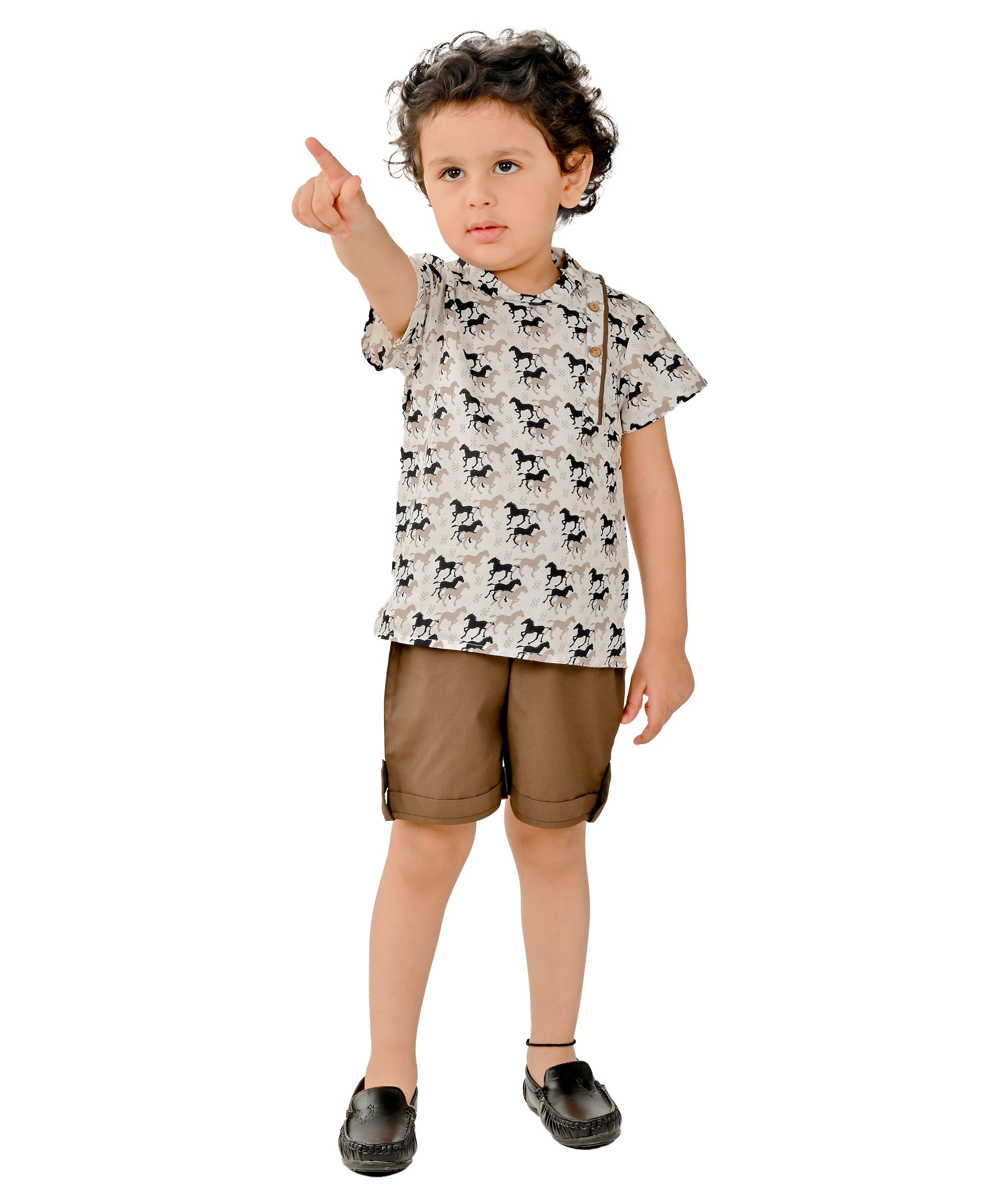 Baby Boys Cotton Shirt With Shorts - White & Brown Clothing Set
