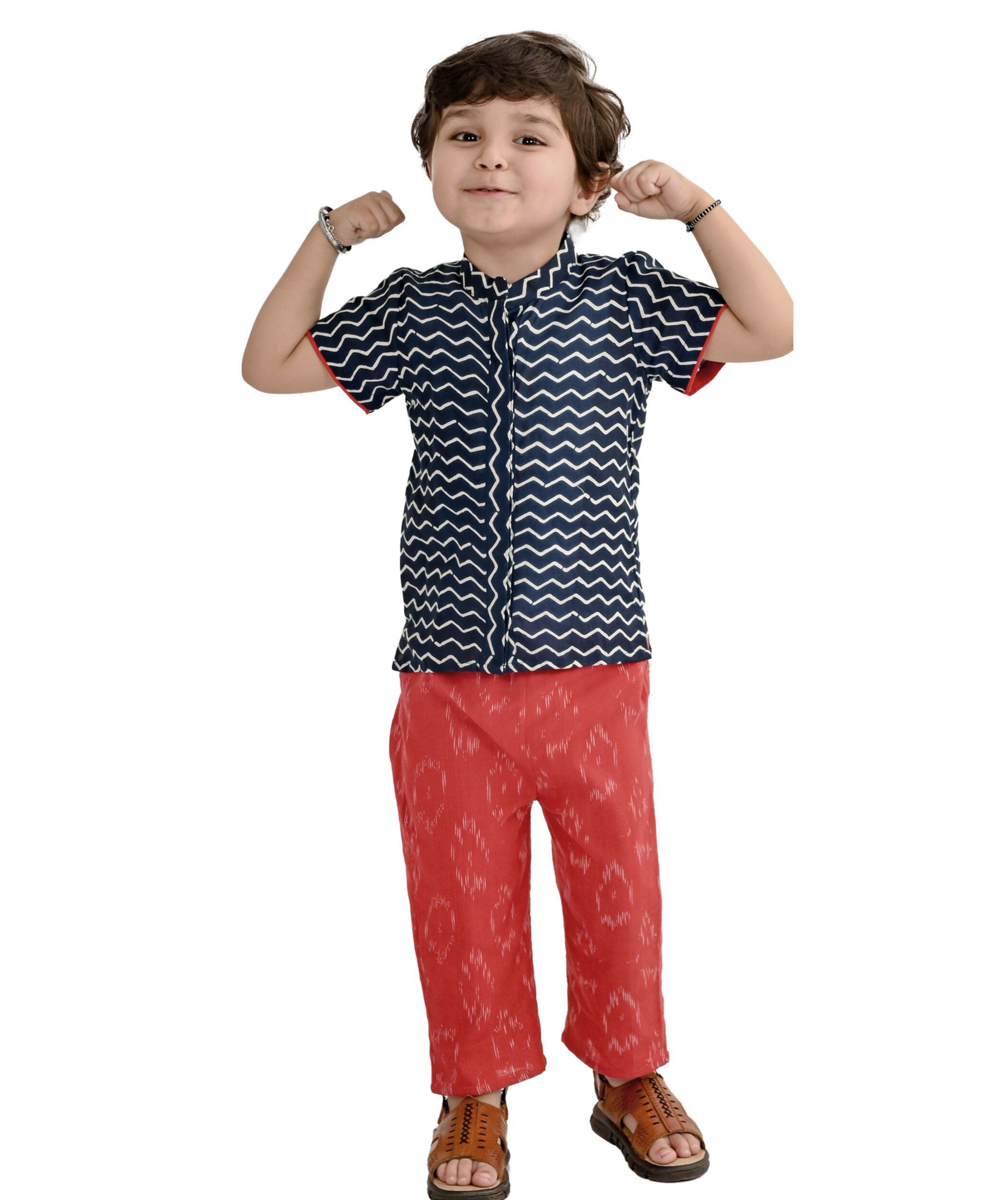 Baby Boys Cotton Shirt With Pant - Blue & Red Clothing Set