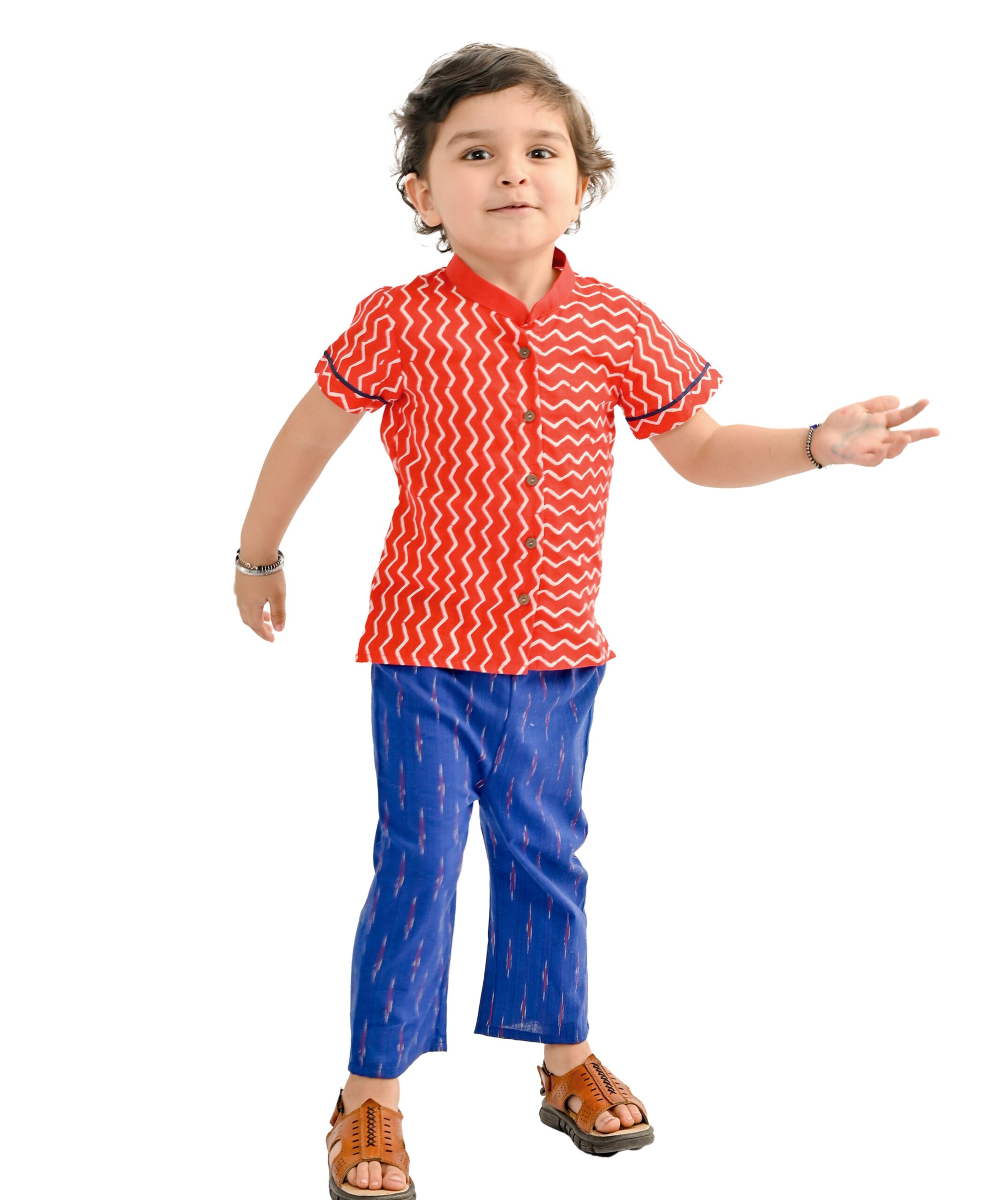 Baby Boys Cotton Shirt With Pant - Red & Blue Clothing Set